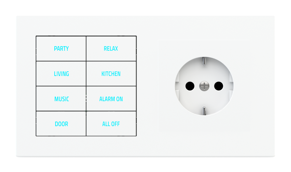 8-fold pushbutton with backlit text/symbols, proximity sensor to be used with power sockets for 2-fold plate (60x55 mm module)