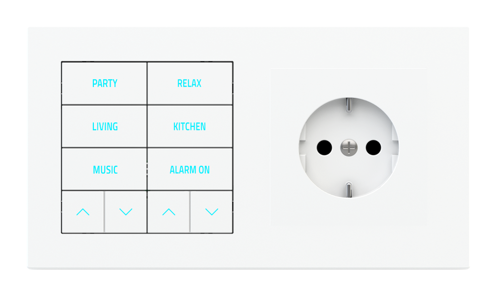 10-fold pushbutton with backlit text/symbols, proximity sensor to be used with power sockets for 2-fold plate (60x55 mm module)