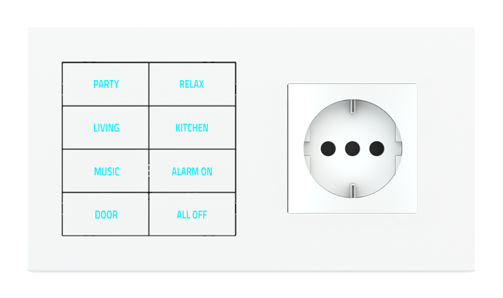 8-fold pushbutton with backlit text/symbols, proximity sensor to be used with power sockets for 2-fold plate (60x45 mm module)