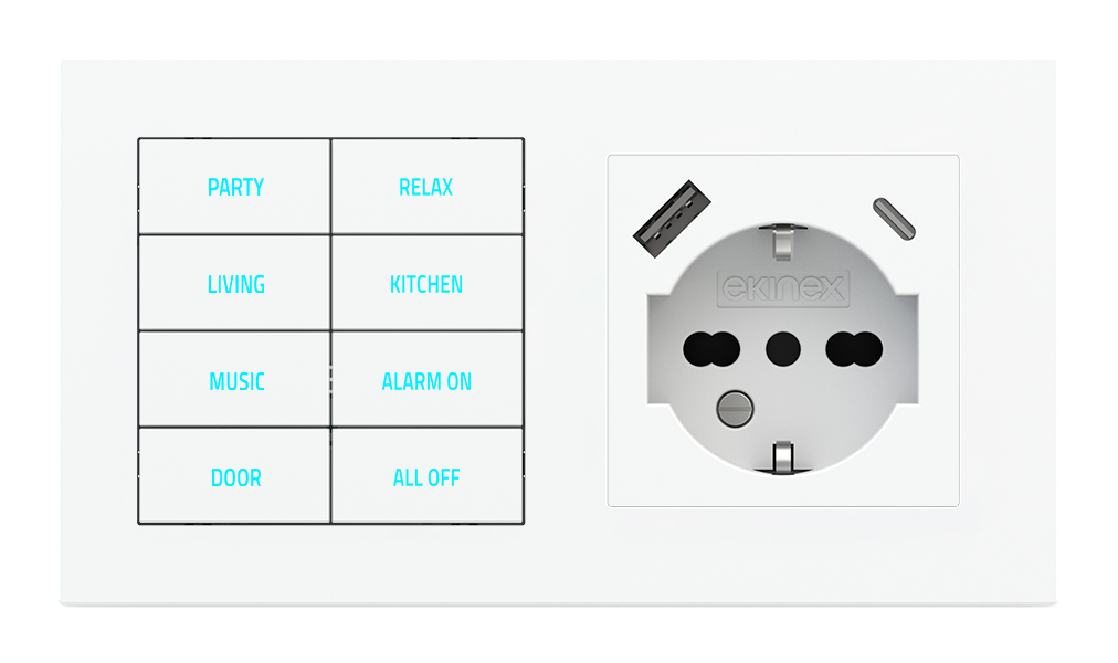 8-fold pushbutton with backlit text/symbols, proximity sensor and socket point for 2-fold plate (60x55 mm module) - IT USB