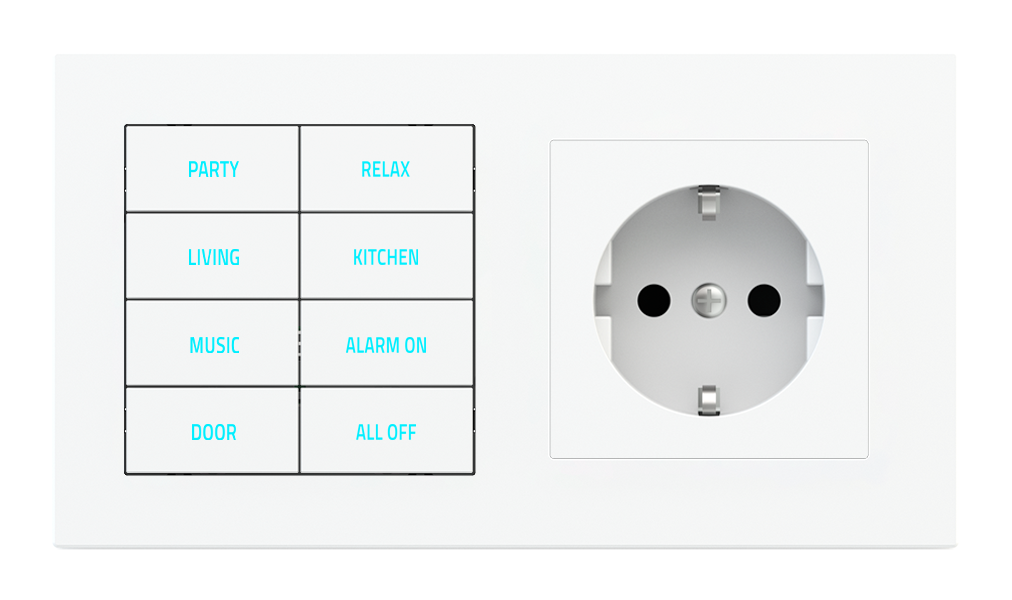 8-fold pushbutton with backlit text/symbols, proximity sensor and socket point for 2-fold plate (60x55 mm module) - Schuko