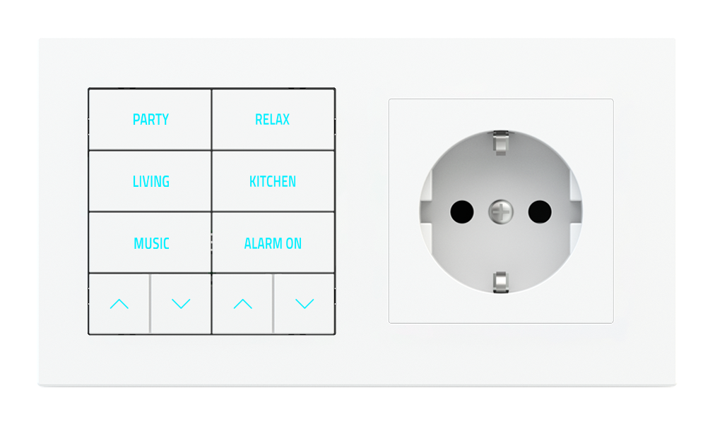 10-fold pushbutton with backlit text/symbols, proximity sensor and socket point for 2-fold plate (60x55 mm module) - Schuko