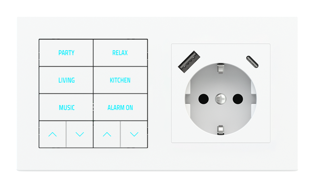 10-fold pushbutton with backlit text/symbols, proximity sensor and socket point for 2-fold plate (60x55 mm module) - Schuko USB