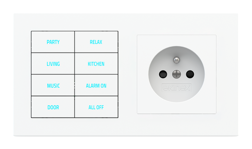 8-fold pushbutton with backlit text/symbols, proximity sensor and socket point for 2-fold plate (60x55 mm module) - FR