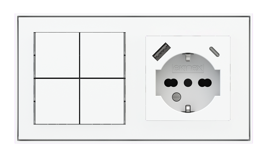Basic Pushbutton (NO LED) and Socket Point for 2-Fold Plate (60x55 mm Module) - IT USB - Technopolymer: Pure White (RAL 9016) - GAR